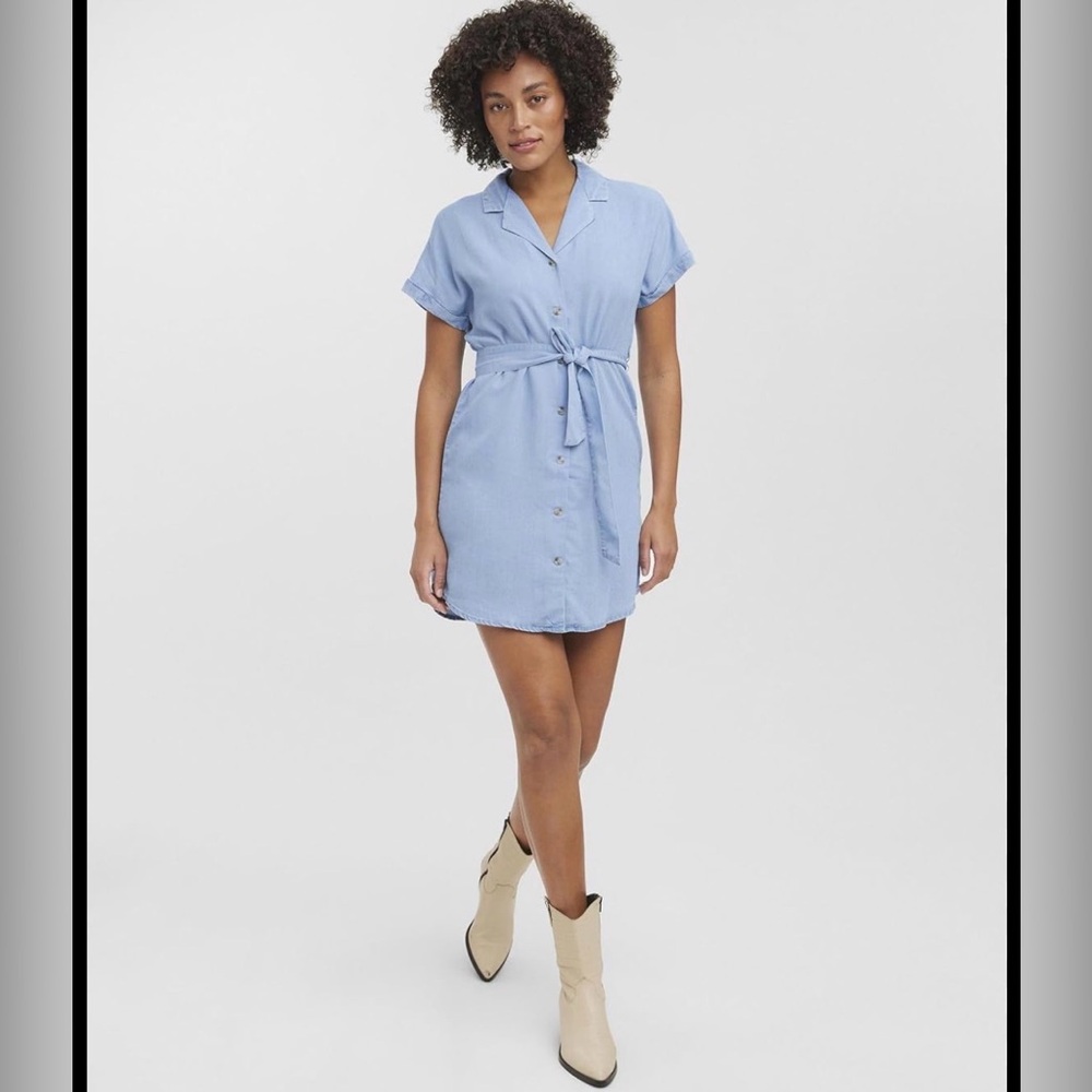 Chic Blue Shirt Dress with Tie Waist